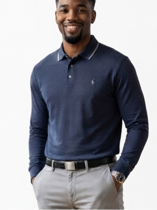Ralph Lauren Other - Polo Ralph Lauren Heathered Navy Blue Tipped Long Sleeve Polo Shirt XXL